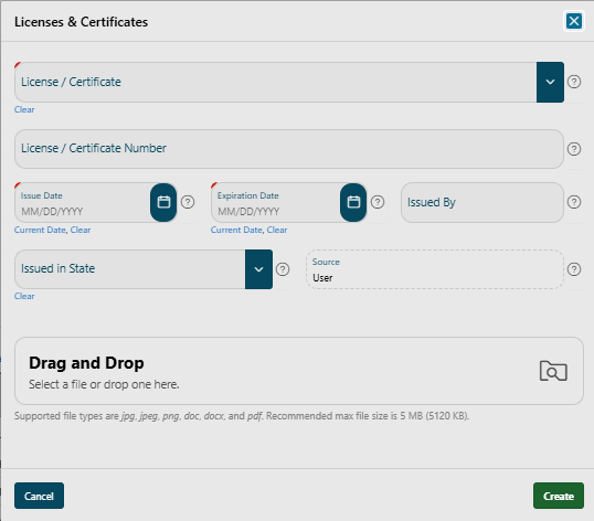 Licenses & Certificates Add