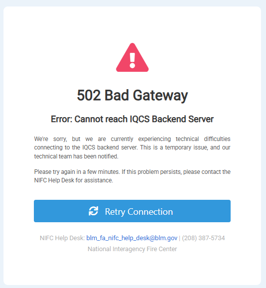 IQCS Bad Gateway error