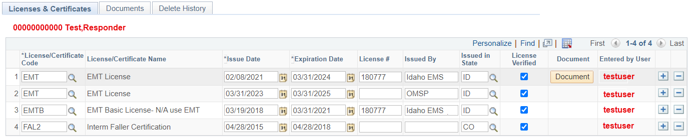 Responder Licenses and Certificates page