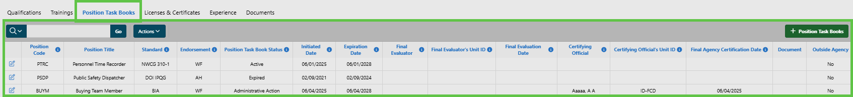 Responder Profile, Position Task Books