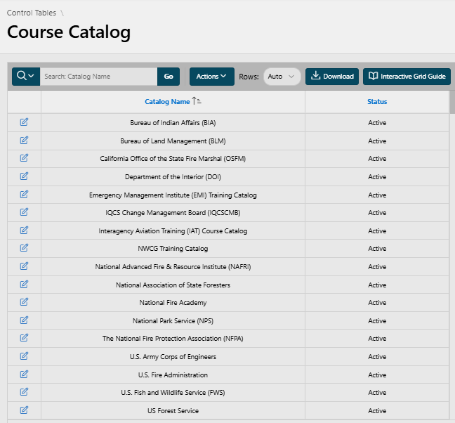 Control Table, Course Catalogs
