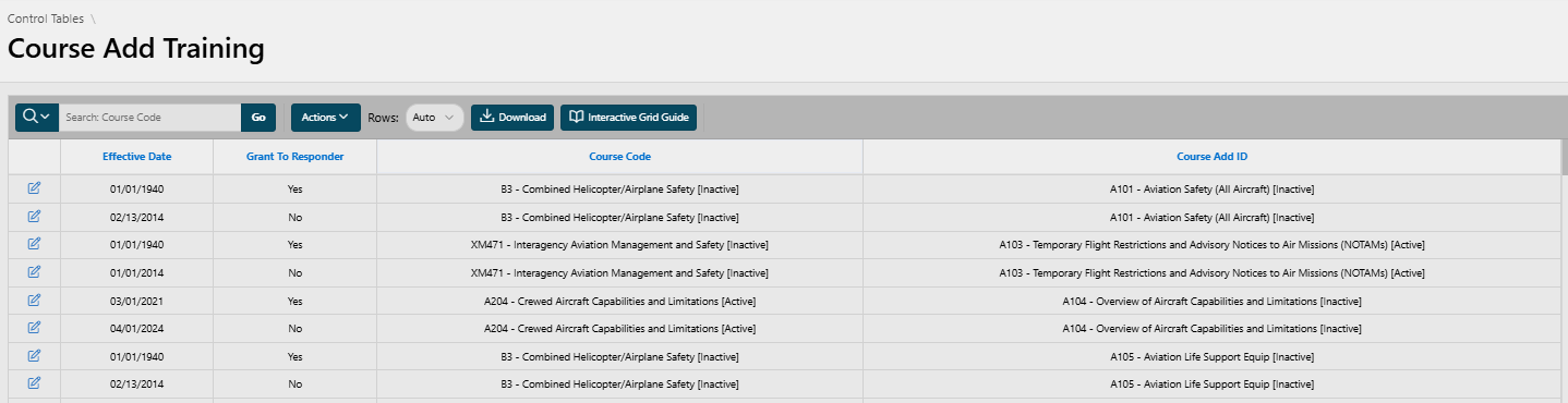 Control Table, Course Add Training